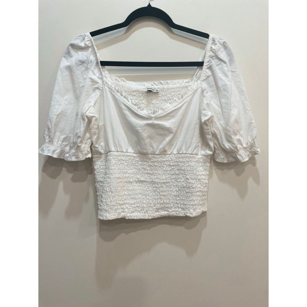 Abercrombie & Fitch White Smocked Milkmaid Crop Top L Babydoll Cotton Coquette